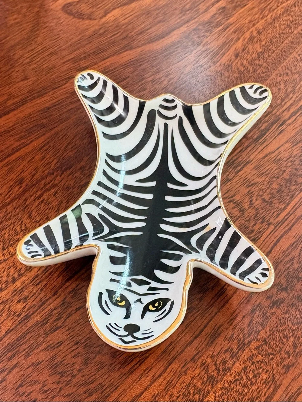 Cat Face Zebra Print Ceramic Trinket Dish with Gold Trim